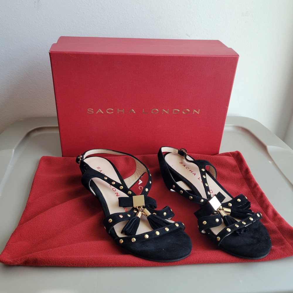 Sacha London Zoe Black Kid Suede Studded Tassel Wedge Sandals Womens 7 Hand Made